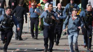 ; Police respond after gun shots were fired after the celebration of the Kansas City Chiefs winning Super Bowl LVIII.