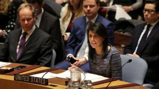 Đại sứ của Hoa Kỳ tại UN Nikki Haley tại cuộc họp của Hội đồng Bảo an Liên Hiệp Quốc hôm 22/12