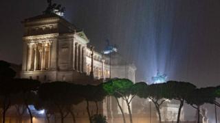 Water pours over the Altare della Patria (Altar of the Fatherland), the national monument to Italian King Victor Emmanuel II in Rome