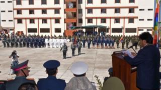 Evo Morales speaking at opening of new military academy 17 Aug 2016