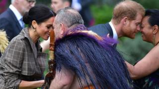 The Duke and Duchess of Susbad being given a traditional Maori welcome
