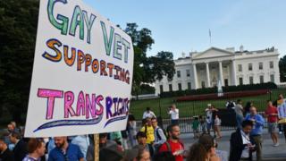 A sign is pictured with picketers outside the White House on Saturday "gay vet supporting trans rights"
