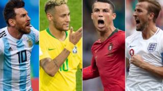 كابتن المنتخب الإنجليزي هاري كين والنجم البرتغالي رونالدو والمهاجم البرازيلي نيمار والأرجنتيني ميسي