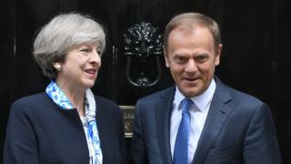 Prime Minister Theresa May with European Council President Donald Tusk in London, 6 Apr 17