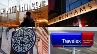 Logos of Pizza Express, Travelex, Debenhams and Pret a Manger