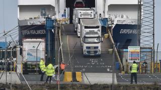 Port inspection staff check freight that has just arrived on the Larne to Cairnryan ferry on March 4, 2021 in Larne, Northern Ireland