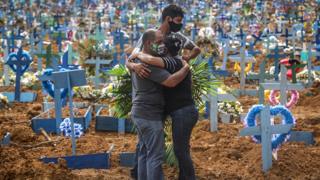 Mourners wearing protective masks at a mass burial of coronavirus victims in Manaus, Brazil - 19 May 2020