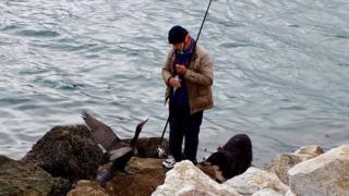 Bill Naran with cormorant and dog