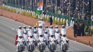 Central Reserve Police Force (CRPF) women motorcycle team members perform during the Republic Day parade in New Delhi on 26 January 2020.