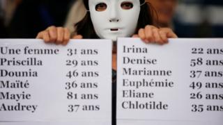 Protesters in Marseille hold placards with the names of some of the victims of domestic violence
