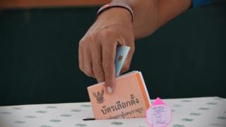 Close up of a Thai man's hand, casting his vote