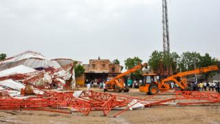 A general view of the site where a pandal (a large marquee) collapsed during a religious event