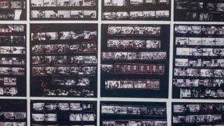 Enlarged contact sheets from photographer Robert Frank's groundbreaking book "The Americans" at Blue Sky Gallery in Portland, Oregon, USA.