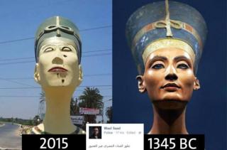 Справа: знаменитый бюст Нефертити в музее Нойес в Берлине. Слева: копия, вызвавшая протест в Египте. Пользователь Facebook Ваэль Саад прокомментировал: «Так развивалось искусство Египта на протяжении многих лет»