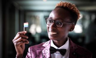 Yvonne Oduor, Gay and Lesbian Coalition of Kenya operations officer, poses after the UN GLOBE event celebrating first time on the International Day against Homophobia and Transphobia (IDAHOT), on May 17, 2018, at United Nations Office in Nairobi, Kenya