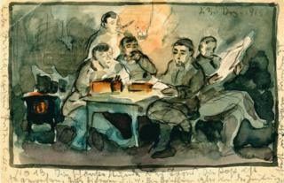 Painted postcard of a group of people sat at a table