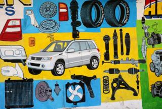 A mural shows spare parts for vehicles on a wall of a shop in Hodan district of Mogadishu, Somalia, July 24, 2017.