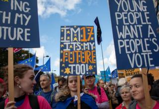 Young protesters hold up signs asking for another referendum on Brexit