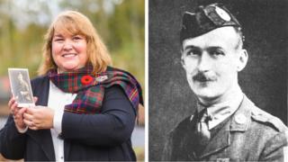 Janet Shankland-Huggins with a photo of her late grandfather Robert Shankland VC