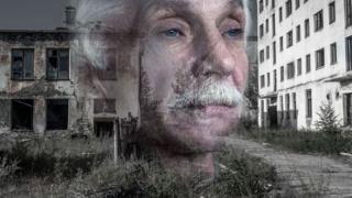 Russian man superimposed over derelict building