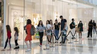 Rows of shoppers at Westfield Shopping Center on June 15, 2020 in London, England.