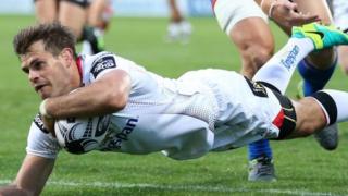 Ulster's Louis Ludik scores the opening try at the Kingspan Stadium