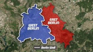 Map showing where the Berlin Wall was built.
