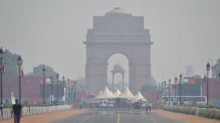 The India Gate in Delhi with a lot of smog