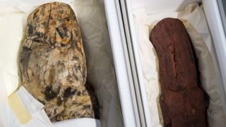 Two Olmec finds in protective boxes are seen during a press conference of the Archaeological State Collection in Munich, southern Germany on march 20, 2018