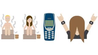 Three of the emojis representing people in a sauna, a Nokia 3310 and a headbanger