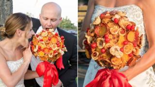 A bride holding a bouquet made out of pizza