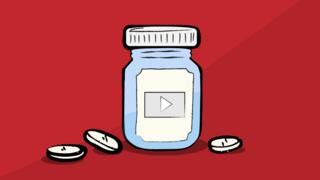 Ilustração de recipiente de pílulas com simulação de logo do YouTube