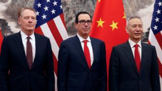 Vice Premier Liu He (right) with U.S. Treasury Secretary Steven Mnuchin, center, and U.S. Trade Representative Robert Lighthizer earlier this month