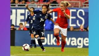 Japan's You Hasegawa passes under pressure from England's Izzy Christiansen during the 2019 SheBelieves Cup.