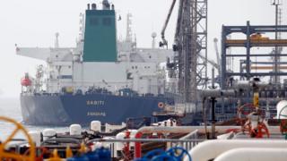 A Panamanian tanker docks at the platform of the oil facility at Kharg Island in Iran, 12 March 2017