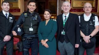 Commons Speaker Lindsay Hoyle, Home Secretary Priti Patel and the three members of Parliament's security team