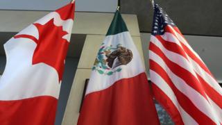 Banderas de Canadá, México y Estados Unidos.