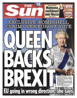 「女王はEU離脱を支持」と一面に掲げた9日付の英大衆紙サン
