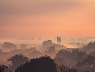 Sunrise over a town
