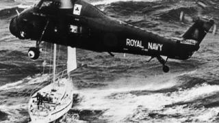 A Royal Navy helicopter rescues the crew of the yacht Camargue after the disastrous Fastnet yacht race