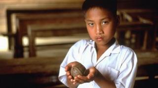 A young Laotian boy holds a model of a "bombie," or cluster munitions