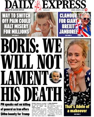 Daily Express front page 6 January 2020
