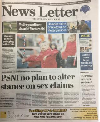 front page of the News Letter Wednesday 4th April 2018