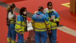 Technical staff at a Madrid temporary hospital on 31 March
