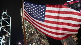 An American Flag is seen waving during a Rally in Hong Kong, China, October 14, 2019.