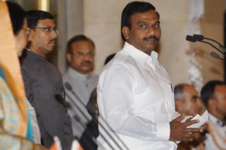 Member of the Dravida Munnettra Kazhagam (DMK), A. Raja (R) takes the oath as cabinet minister from President Pratibha Patil (L) during the swearing-in ceremony at the presidential palace in New Delhi on May 28, 2009. Indian Premier Manmohan Singh, flush from a resounding national election win, added 59 members to his week-old cabinet, rewarding loyal coalition allies with ministerial post