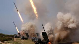 Rocket launchers firing in North Korea, 4 May 2019