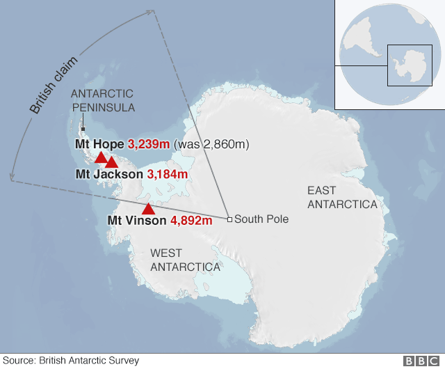 Image shows map of British Territory Antarctica with mountains plotted.