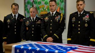 US military officers stand around the coffin of American Taylor Force, a 28-year-old MBA student at Vanderbilt University and a West Point graduate, who was killed in a stabbing attack, during a private ceremony, at Ben Gurion airport, near Tel Aviv, Israel, 11 March 2016