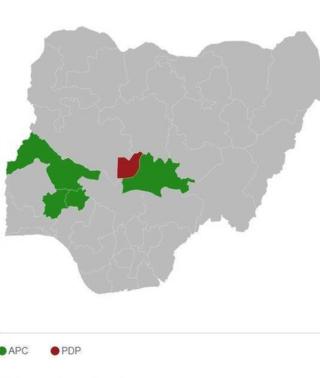 En vert, la proportion de votes en faveur de Muhammadu Buhari, en rouge les votes pour Atiku Abubakar.